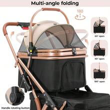 3-In-1 Foldable Dog Buggy Up To 20kg | Foldable Cat Stroller, Pet Buggy With 4 360° Rubber Wheels, With Storage Basket And Cup Holder - 金+黑 - 查看 5