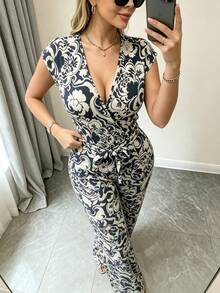 Jumpsuit de estampado vintage con cuello en V y cintura ajustada con cordón, corte wide leg fluido y favorecedor, perfecto para looks de verano y ocasiones especiales - azul real - Ver 4