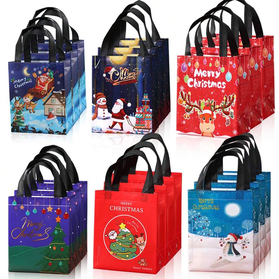 18 Pack Christmas Gift Bags With Handles, 20 X 25 X 10 Cm Holiday Gift Tote Bags, 6 Assorted Santa Snowman Reindeer Christmas Tree Designs For Xmas Presents, Gift Wrapping And Party Supplies
