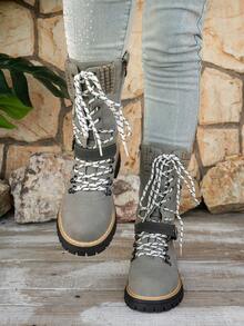 Women's Round Toe Thick Sole Side Zipper Boots Autumn 2026 New Arrival British Style Lace-Up Buckle Ankle Ankle Boots - Grey - View 2