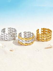 Uself 3pcs/1pc Ocean Fish Shaped Open 18K Gold Plated Stainless Steel Ring, Ocean Style Jewelry Gift Suitable For Women, Perfect For Beach Vacation Wear - Multicolor - View 4