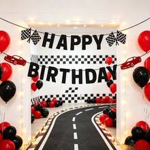 1套 HAPPY BIRTHDAY 紅黑賽車生日橫幅，賽車旗字體掛旗，男孩主題生日派對背景裝飾道具，精緻賽車生日橫幅，男孩女孩主題生日派對裝飾橫幅 - 查看 9
