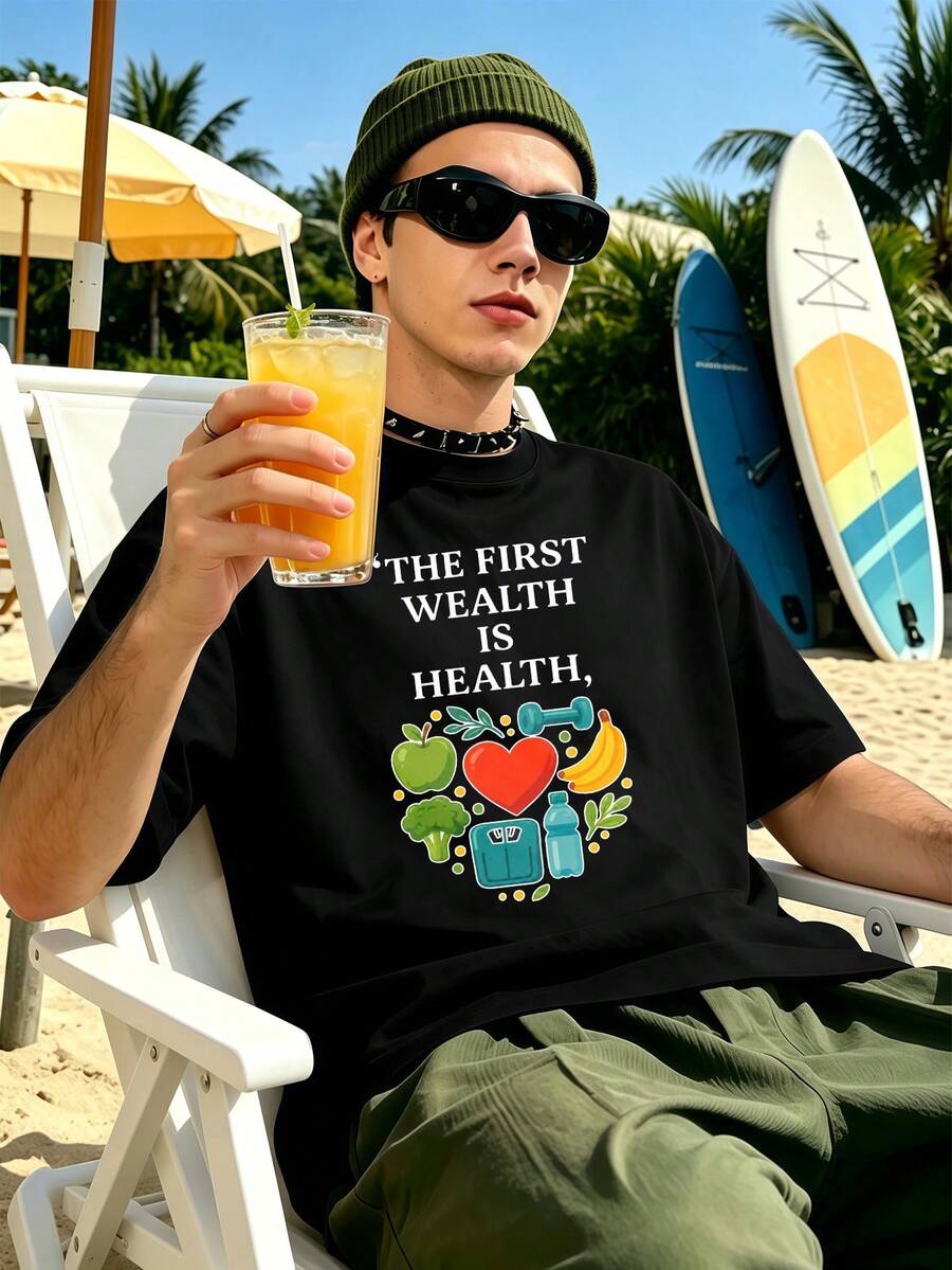 Men's Summer Health Fitness T-Shirt, Hip-Hop Street Style, Breathable, Unique Graphic Print. - Black - View 1