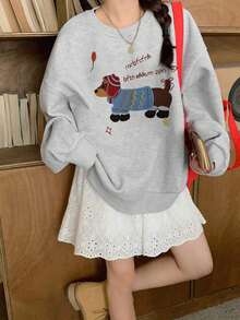 Women's Casual Loose Fit Sweatshirt With Dachshund & Letter Print, Versatile For Autumn/Winter - Grey - View 4
