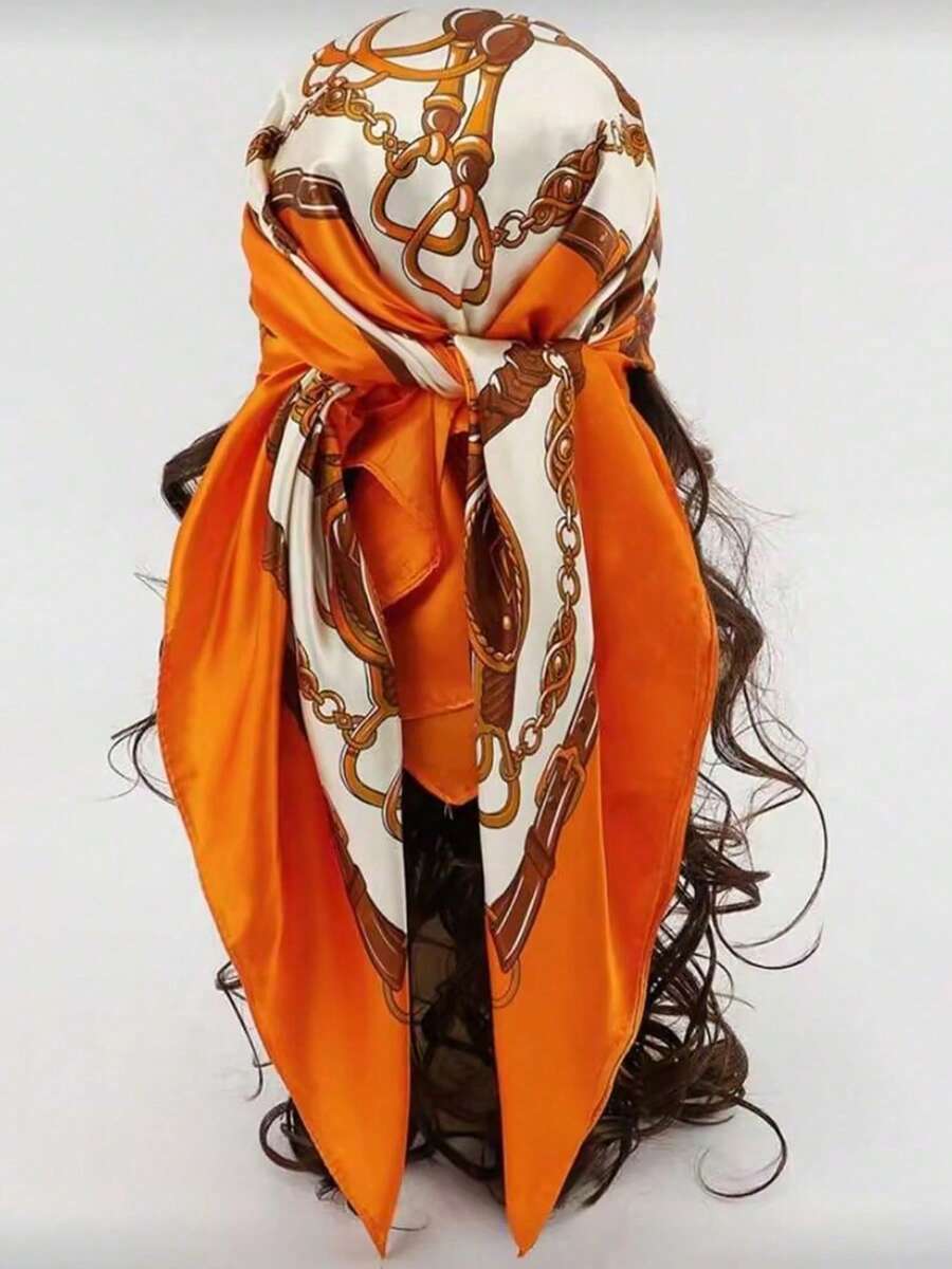 1pc Fashion Luxury Women's Headscarf Geometric Pattern Print Square Scarf Hairband Autumn Hair Accessory Hijab - Orange - View 1