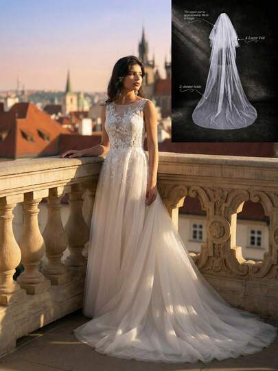 2026 New Women's Round Neck Embroidered Mesh Patchwork Wedding Dress With Cathedral Wedding Veil Long Bridal Veil