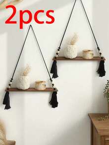 1pc/2pcs Bohemian Style Tassel Wall Hanging Shelf, Beaded Country Style Floating Storage Rack, Bedroom Living Room Decorative Plant Holder, Indoor Home Fashion Storage Rack, Suitable For Bathroom Kitchen Bedroom Or Living Room Wall - Multicolor - View 14