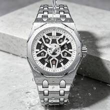 1PC Mechanical-Style Men's Watch, Skeleton Dial, Octagonal Case, With Date Display, Perfect For Everyday Wear Or As A Gift - one-size - View 9