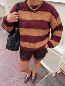 Burgundy And Camel Striped Chunky Knit Pullover Sweater, Women's Autumn Top - Multicolor - View 6