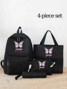 Set de 4 piezas - Set de mochila con estampado de mariposa púrpura, incluye mochila, bolso tote, bolsa de almacenamiento, estuche para lápices, set de bolsas de nylon de gran capacidad para uso diario y viajes cortos, mochila casual con múltiples bolsillos, adecuado para estudiantes, recién graduados, jóvenes, aplicable para regreso a la escuela, desplazamientos diarios, compras, viajes cortos y viajes de ocio al aire libre - Negro - Ver 1