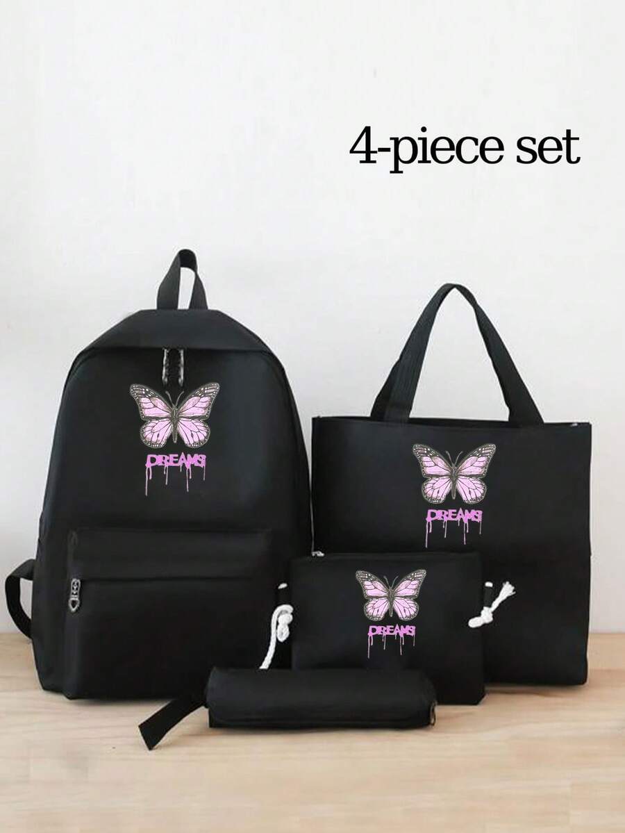 Set de 4 piezas - Set de mochila con estampado de mariposa púrpura, incluye mochila, bolso tote, bolsa de almacenamiento, estuche para lápices, set de bolsas de nylon de gran capacidad para uso diario y viajes cortos, mochila casual con múltiples bolsillos, adecuado para estudiantes, recién graduados, jóvenes, aplicable para regreso a la escuela, desplazamientos diarios, compras, viajes cortos y viajes de ocio al aire libre - Negro - Ver 1