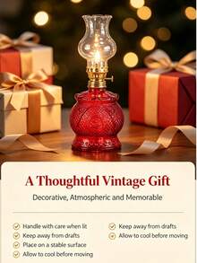 Vintage Kerosene Lamp - Butter Lamp - Paraffin Lamp - Just Add Your Own Liquid Fuel (Animal Oil Or Vegetable Oil) To Use. Lighting Tool, Night Lighting. Vintage Style Oil Lamp (Flammable) / Windproof Glass Paraffin Lamp / Nostalgic Decoration / B&B Decoration Adjustable Light Source Yoga Studio Restaurant Cafe Study Lighting Atmospheric - Red - View 5