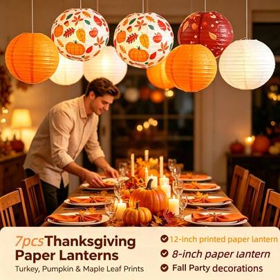7PCS Fall Paper Lanterns Orange Maple Leaves Thanksgiving Decor | Orange Lanterns With Maple Leaf For Thanksgiving, Autumn Birthdays, Harvest Parties, Indoor And Outdoor Decor