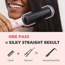 Ionic Straightening Brush Upgraded Version, With Dense Bristles, Dual Voltage, Women's Ceramic Hot Comb, Suitable For Coarse Curly Hair Straightening - Pink - View 4