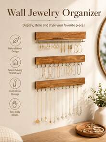 1 Set Natural Wooden Wall-Mounted Jewelry Storage Rack, Rustic Style Necklace & Earring Display Stand, Multi-Hook Design, Space-Saving Jewelry Organizer, Suitable For Bedroom, Vanity, Dressing Room, Home Decor - Multicolor - View 1