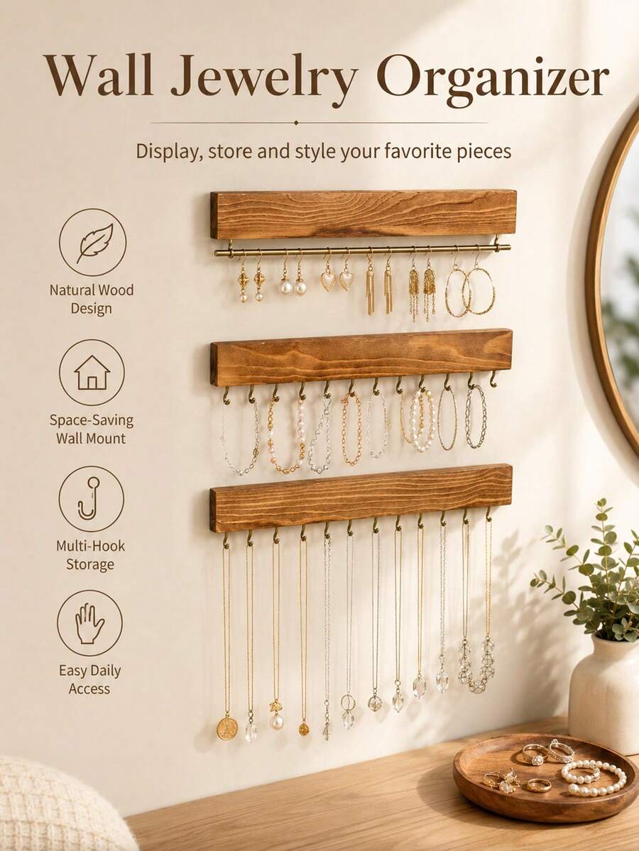 1 Set Natural Wooden Wall-Mounted Jewelry Storage Rack, Rustic Style Necklace & Earring Display Stand, Multi-Hook Design, Space-Saving Jewelry Organizer, Suitable For Bedroom, Vanity, Dressing Room, Home Decor - Multicolor - View 1