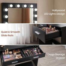White Dressing Table Set With LED Lights Mirror, Vanity Makeup Table 2 Large Drawers And Stool - Negro - Ver 3