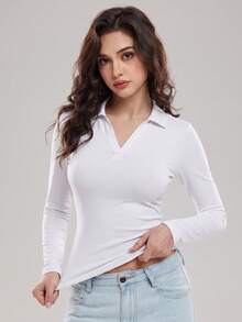 KyrLssu 女款領口V領修身長袖 Polo 上衣 - 白色 - 查看 5