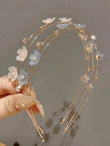 1pc Double Layer Alloy Thin Hair Tie With Faux Pearl Flower Decoration, Sweet Hair Accessory, Girls Headpiece - Multicolor - View 1