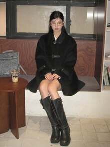Women's Black Polo Collar Overcoat, Autumn/Winter Elegant Outerwear - Black - View 5