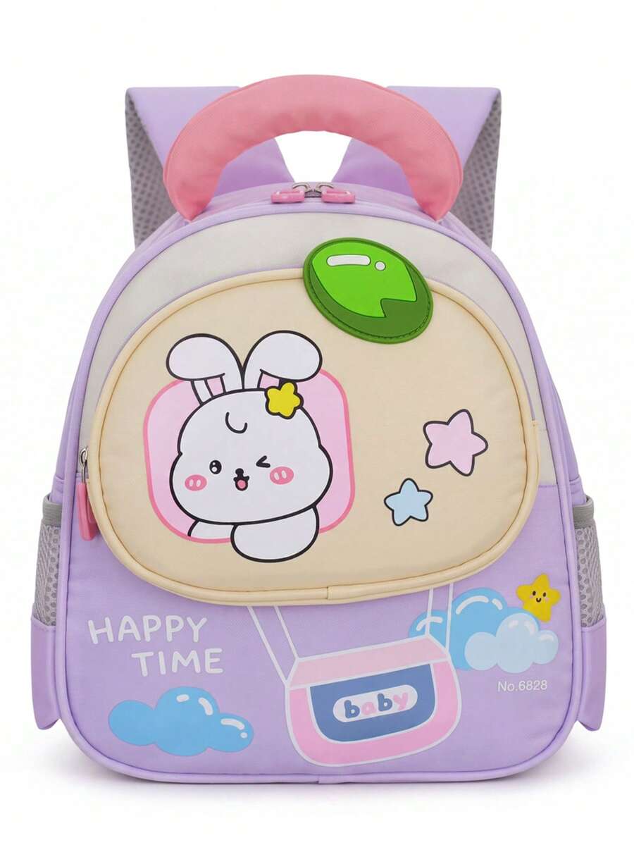 1 pieza Mochila ligera con estampado de conejo lindo en colores contrastantes, mochila casual para estudiantes - Morado - Ver 1