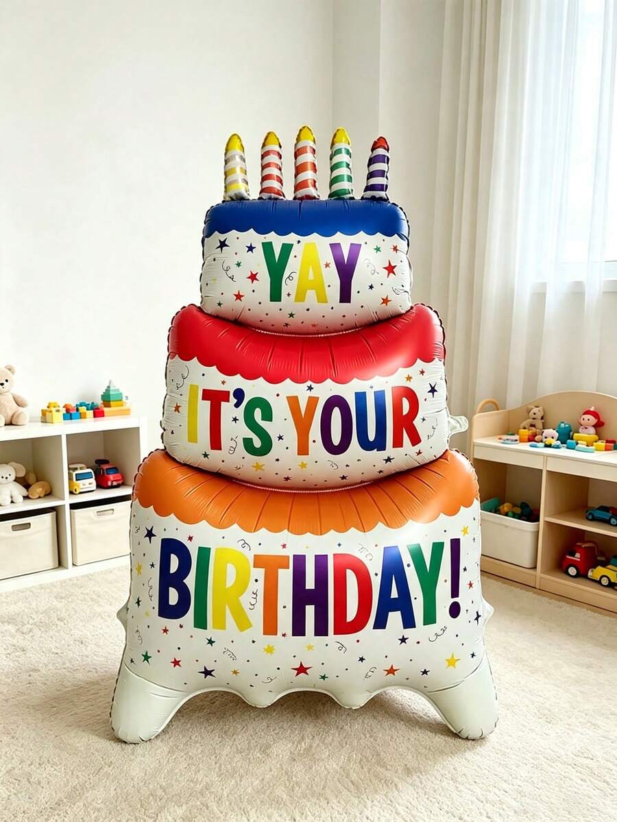 1個大號彩色啞光立式3層生日蛋糕造型鋁箔氣球,Happy Birthday派對裝飾氣球,彩色粉色生日蛋糕派對氣球 - 彩色 - 查看 1