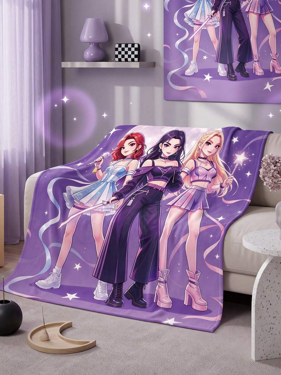 1pc K-Pop Print Flannel Throw Blanket, Soft Cozy Warm Comfortable Lightweight, Machine Washable, Twin/Full/Queen/King Size, For Living Room, Sofa And Bedroom, Dorm Bedding, For Girls & Women, Autumn Decor, Home Decor, Halloween Gift, Dorm Decor - Multicolor - View 1