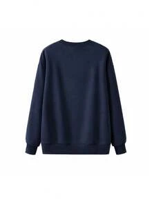 Japanese Letter Print Crew Neck Sweatshirt For Women, Navy Blue Long Sleeve Top For Autumn/Winter, Suitable For Casual Streetwear - Navy Blue - View 7