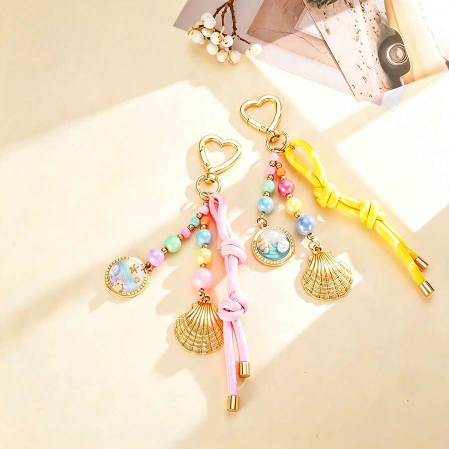 1pc/2pcs Women's Macaron Color Sweet Colorful Beaded Shell Keychain Heart Buckle Woven Rope Pendant Girl Heart Backpack Charm Bag Pendant,Bag Charms - Multicolor - View 1
