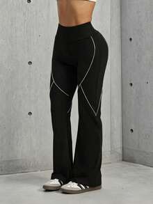 Hidkat Women's Fashion Solid Color High Waist Slim Fit Yoga Sports Knit Flare Pants - Black - View 4