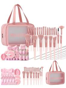 1/25/26/52Pcs Pink All‑In‑One Makeup Accessory Kit With Travel Storage Bag, 25PCS Soft Synthetic Makeup Brushes, Multi‑Shape Makeup Sponges, Triangle Powder Puffs, Hairband, Wrist Bands, Brush Cleaning Bowl, Cleansing Pads For Face Daily Makeup Use - Pink - View 1