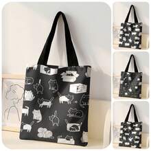 1pc Cartoon Cat Print Black Canvas Tote Bag, Lightweight Durable , Multi-Use Shoulder/Hand Bag For Students, Commuting & Daily Shopping - Black and White - View 1