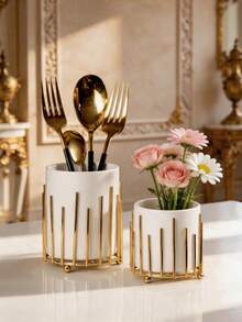 1pc Metal & Ceramic Combination Storage Box, Multi-Color, Minimalist Modern Nordic Style Storage Canister, Suitable For Halloween, Christmas, Kitchen Tabletop - Gold - View 12