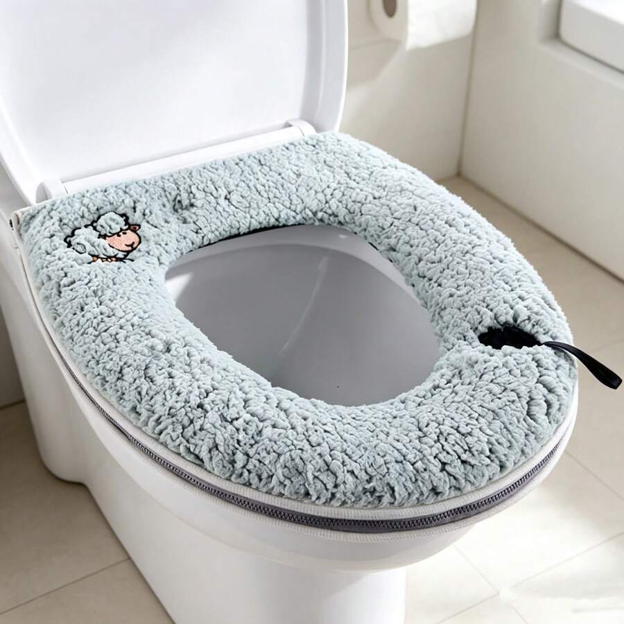 1 Piece Plush Thick Warm Washable Toilet Seat Cover With Handle And Zipper, Grey, Bathroom - Grey - View 1