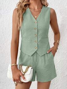 PRETTYGARDEN Women's Summer Clothes Tanktop 2 Piece Sets Outfits Sleeveless Matching  Button Down V Neck Vest Waistcoat And Pockets Going Out Short Sets Vacation - 淺綠色 - 查看 4