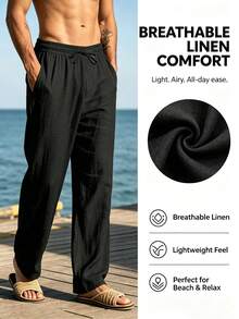 Black Linen Woven Loose Casual Pants, Suitable For Spring/Autumn/Summer, Versatile Everyday - Black - View 3