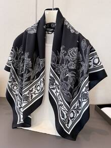 1pc Fashion Women's Colorblock Versatile Printed Polyester Scarf Square - Black - View 5