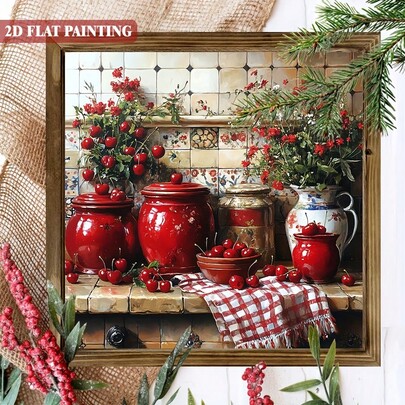 2D Vintage Farmhouse Red Cherry Wooden Wall Art Sign With Frame - 8x8inch Rural Cherry Blossom And Fruit Decoration, Horizontal Kitchen Living Room Cafe Garage Decor, Holiday Home Decor, Ideal Gift For Women, Mothers, And Grandmothers