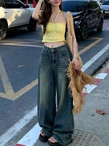 1pc Women's Vintage Washed Pocket Wide Leg Denim Jeans, Casual Versatile Loose Straight Leg Jeans - Blue - View 4