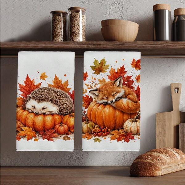 2PCS Kitchen Towels, Autumn Animal & Maple Leaf Pattern, 40*60cm Rectangular Microfiber Kitchen Towels, Dish Cloths, Tablecloths, Hand Towels, Kitchen Decor, Home Decor, Housewarming Gift For Neighbors, Kitchen Napkins & Dish Cloths, Home Decor, Gift, Perfect For Kitchen And Bathroom Use