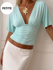 Soulscape Women's Elegant Vacation Casual Deep V-Neck Top For Petite Summer - Light Blue - View 1