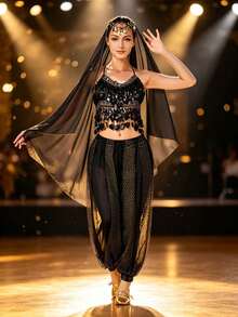 Atasan Crop Top Halter Rumbai Kerang Berhiaskan Manik-Manik, Celana Harem Chiffon Berpayet Transparan, Pakaian Kerudung Pertunjukan Tari Eksotis (Tersedia Berbagai Warna) - MultiWarna - View 18