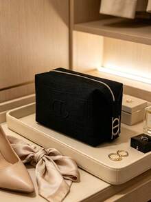 Black Textured Linen Embossed CD Logo Makeup Bag, Gold Zipper Large Cosmetic Storage Pouch, Portable Travel Beauty Organizer Elegant Gift For Women DIOR-GIFT-137 - Black - View 2