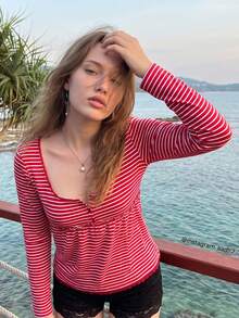 Women's Striped Babydoll Tops Long Sleeve Scoop Neck Fall Shirts - Burgundy - View 2