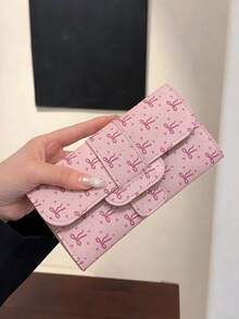 女款時尚PU皮革蝴蝶結印花手拿包 卡夾現金錢包 極簡防盜三折翻蓋信用卡夾 大容量多卡槽錢包 - 粉色 - 查看 4