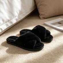 Fashionable Women's Spring/Autumn Beautiful Comfortable Cross Strap Open Toe Flat Black Fuzzy House Slippers - Black - View 3