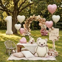 16pcs Cream Bear & Light Pink Heart Foil Balloon Set With Bow Ribbon, Suitable For Bear Theme Birthday Party Decoration, Baby Shower, Photo Props And Party Supplies - View 8
