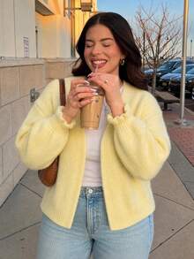 Yuu Plus Size Elastic V-Neck Long Sleeve Cardigan Sweater, Loose Slimming Belly-Covering Easy-Care Knit Cardigan Fall - Yellow - View 1