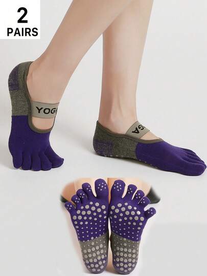 yuluan 2 Pairs/Set, One Size Women's Professional Five-Toe Yoga Socks, Non-Slip Socks, Colorblock Socks For Fitness, Sports, Pilates, Suitable For Indoor Floor Exercises, Non-Slip Yoga Socks With Lace-Up And Dot Grip For Dance, Yoga, Pilates, Multi-Color Non-Slip Sports Socks, Yoga Dance Socks, All-Season Wear