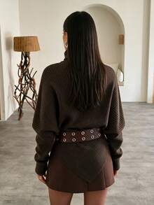 秋冬女款毛衣 優雅休閒 Y2K 深棕色高領不對稱下擺羅紋針織上衣 寬鬆套頭穿搭服飾 - 咖啡 - 查看 10